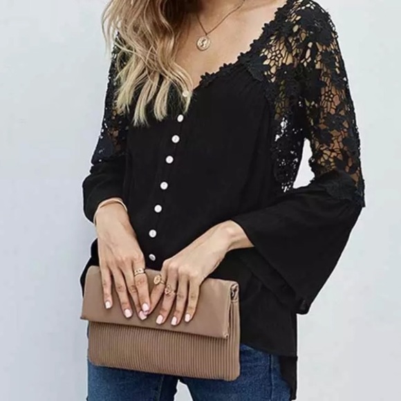 SOLD OUT Black Boho Crochet Lace Button Up Blouse Top - Picture 4 of 5